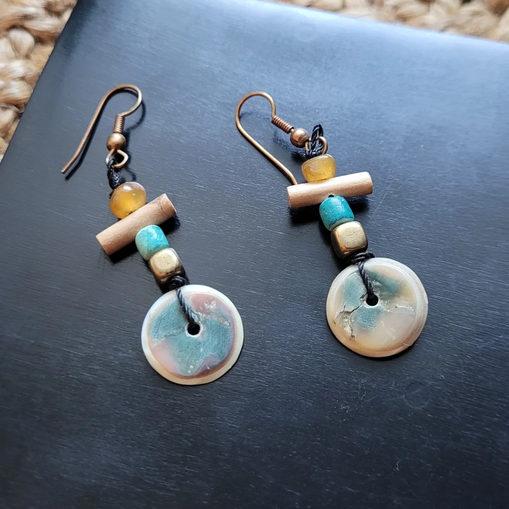 Earthy Handmade Dangle Earrings, Honey, Cream and Turquoise Hues
